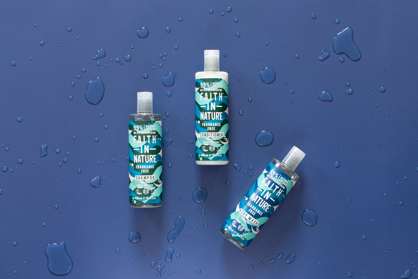 Parfumefri serie med shampoo, balsam og body wash fra faith in nature