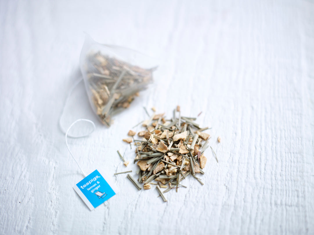 teapigs Lemon & ginger tea close up. Citron og ingefær te tæt på