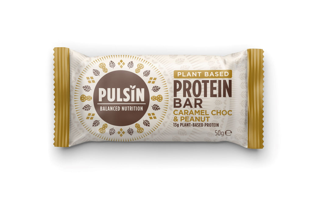 Pulsin proteinbar karamel, chokolade og jordnødder. Protein bar caramel choc and peanut. Glutenfri og vegansk