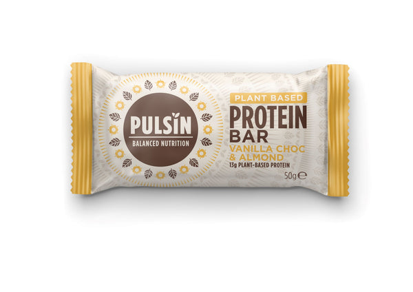 Pulsin plantebaseret proteinbar vanilje, chokolade og mandler. Vanilla choc and almond. Glutenfri vegansk